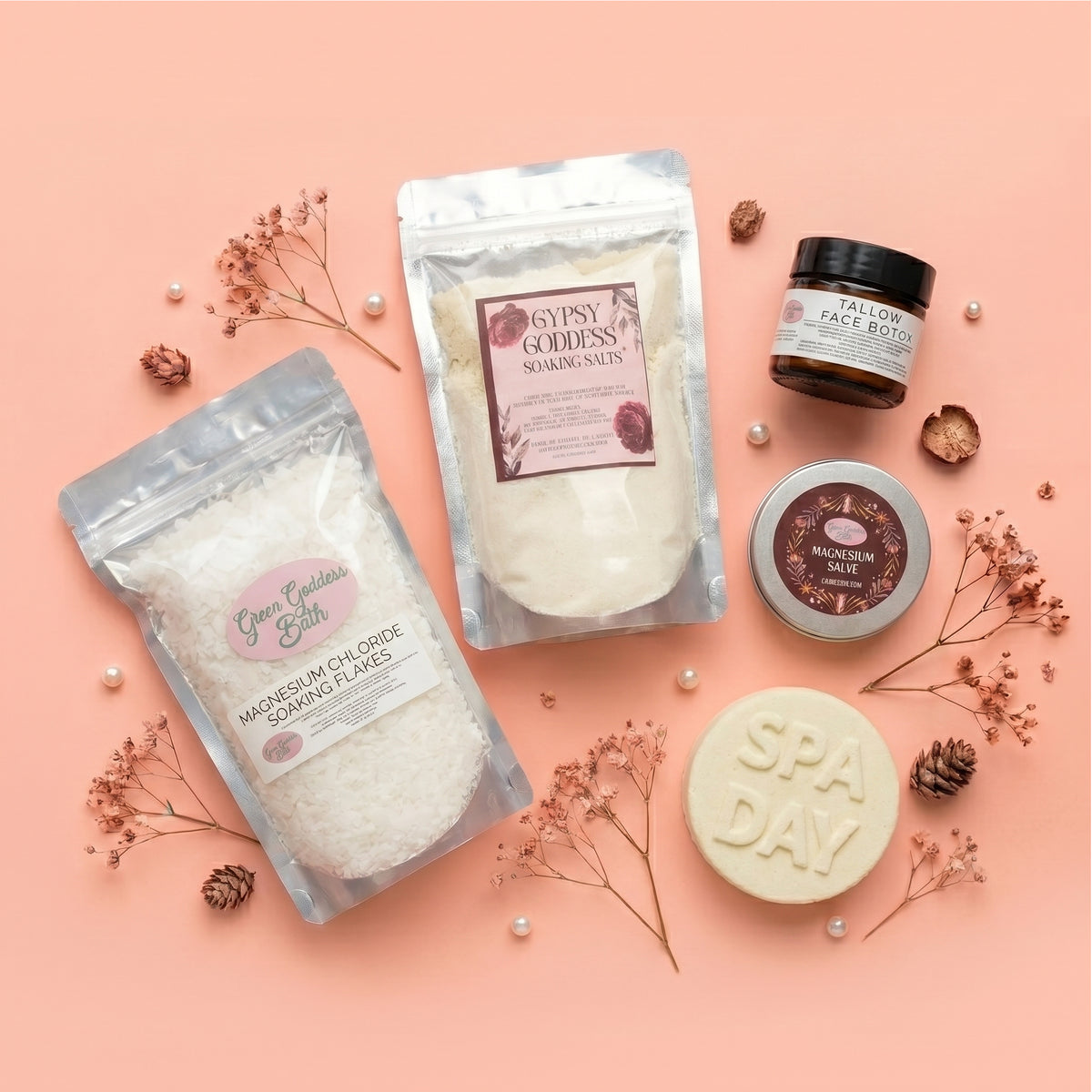 The Goddess Collection is the Heart of Green Goddess Bath - a curated collection of our most loved, luxuroius, and soul soothing bath and body creations.  Bath Bombs, Bubble Bath, Tallow, Magnesium Flakes, Magnesium Salve, Gypsy Goddess Bath Crush, Soap 